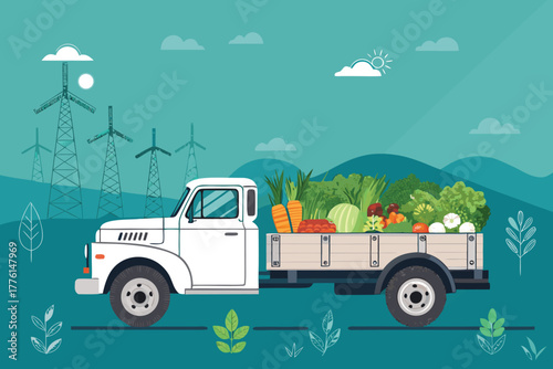Electric farm truck with vegetables, flat design illustration.