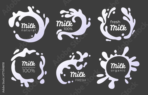 Milk splash labels with dynamic white droplets and organic cream shapes. Collection of circular vector icons for natural farm dairy products, eco and fresh beverage packaging or promotional design.