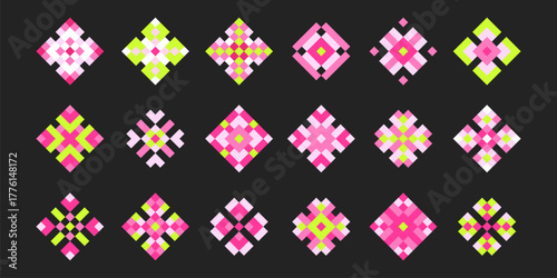 Pixel flower y2k art collection with game icons in 8 bit style. Diamond shaped pattern set of plant blossoms in pink square mosaic design for retro gaming aesthetics or nostalgic digital projects.