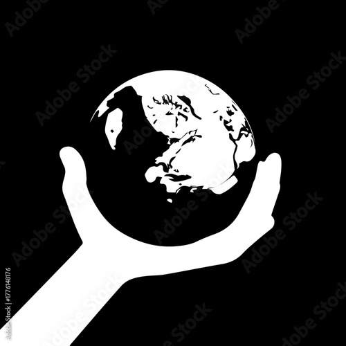 White stylized hand cradling a simplified globe illustration