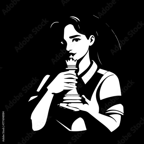 Woman holding a chess king piece with thoughtful expression