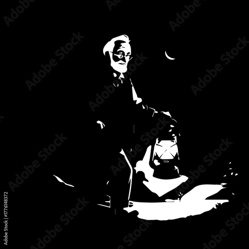 Elderly Man Holding Lantern in Dark Night with Crescent Moon