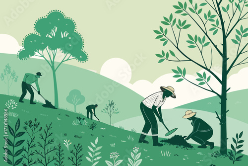 Farmers planting trees on a shaded eco-friendly hillside.