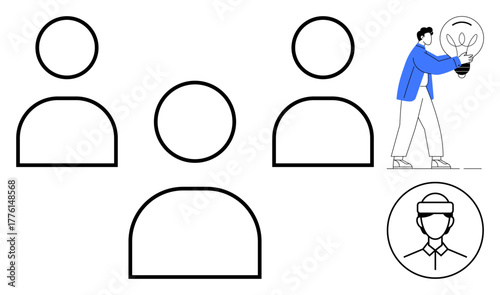 Minimalist illustration with three abstract user icons, a person holding a light bulb, and a virtual reality headset avatar. Ideal for teamwork, innovation, learning, creativity, leadership