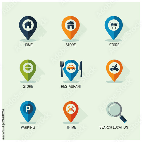 Flat Design Navigation Icons: GPS Location Pins, Compass, Globe, Search, Home Map, Street View, Car Travel, Road, Pedestrian, Radar, Wi-Fi, and Favorite Star Vector Set