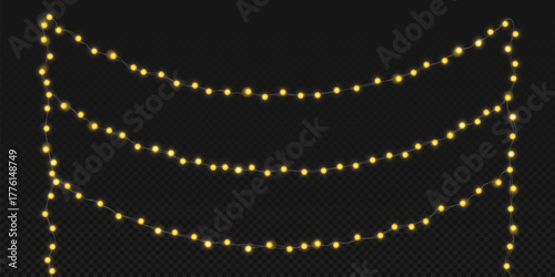 Glowing fairy garland string with warm yellow bulbs on dark transparent background. Decorative wavy light chains in festive atmosphere for holiday celebrations or party events vector illustration.