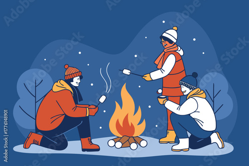 Friends roasting marshmallows around a campfire.