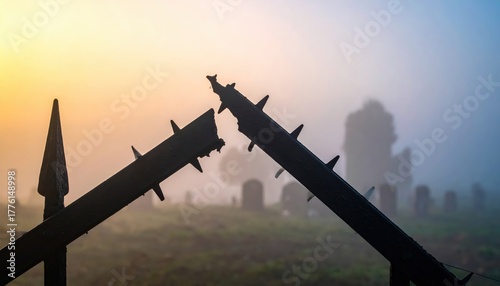 Sunrise Over Barbed Fence At A Foggy Cemetery, Haunting Iron Boundary At Dawn