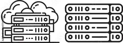 Cloud Computing and Server Rack Outline Vector Set Data Center, Hosting, and Network Technology Line Art Icons