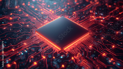 A close-up of a digital processor on a computer circuit board is the electronic heart of modern technology and communication