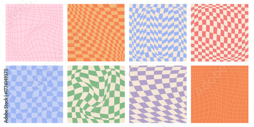 Psychedelic checkered illusion patterns set. Vector illustration of abstract warped grid tiles, wavy color squares on white background, dizzying geometric effect, distorted trippy chessboard design
