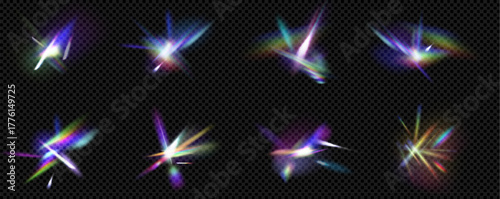 Prism light flare set with rainbow spectrum effects and lens glare overlays - crystal glass refraction bursts, diamond shine streaks and optical elements. Transparent assets for photography design.