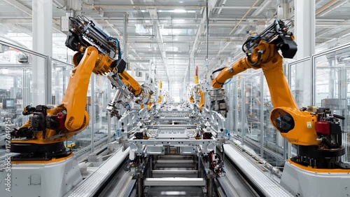 Futuristic robot arm automobile factory assembly line demonstrating advanced manufacturing automation and precise modern industry production process