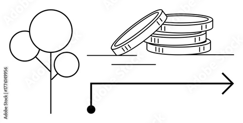 Coins stacked symbolizing wealth, minimal tree for sustainability, and an arrow indicating progress. Ideal for finance, investment, environment, growth, economy innovation green future. Simple flat