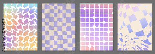Abstract checkered illusion patterns set. Vector illustration of wavy pastel color squares, psychedelic warped grid tiles, dizzying geometric background, distorted chessboard with gradient design