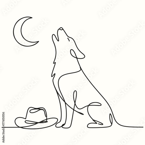 Lone Wolf Howling at the Moon with Cowboy Hat Silhouette A Serene Night Scene in Minimalist Style