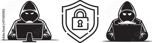 Hacker and Security Shield Icon Set, Black and White Vector for Cybercrime and Digital Protection