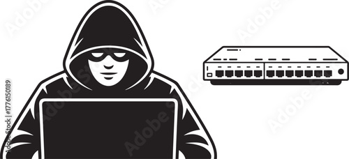 Hacker Attacking Network Switch Vector, Cybercrime, Anonymous Threat, and Digital Security Concept