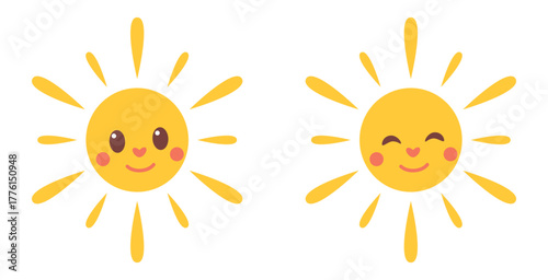 Cute smiling sun characters with happy faces. Adorable cartoon sunshine icons for kids design, summer decoration, weather concept, nursery art, bright warm illustration of cheerful sun symbols