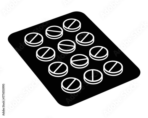 Simple vector glyph icon of a blister pack with round tablets, a minimalist silhouette design for pharmaceutical and medical concepts on a white background