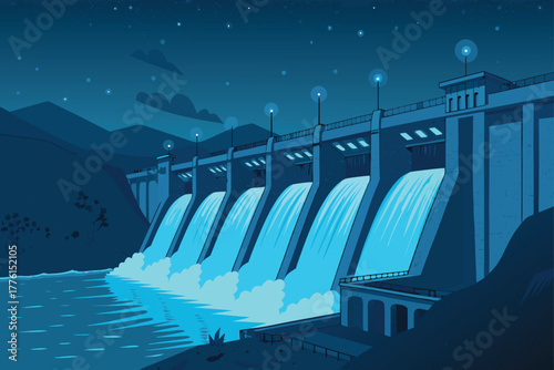 Hydropower dam at night, with glowing blue turbine lights.