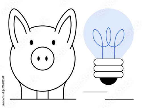 Piggy bank next to energy-efficient lightbulb signifying financial savings, eco-conscious choices, and renewable energy. Ideal for finance, sustainability, energy, investments, future innovation