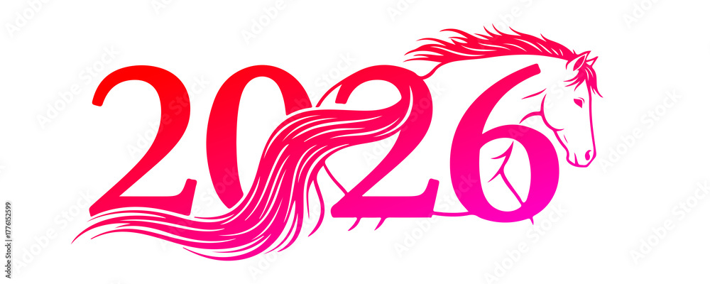 Obraz premium 2026 Happy New Year logo text design. 2026 number design template. Collection of 2026 Happy New Year symbols. Vector illustration with labels isolated on colorful background.