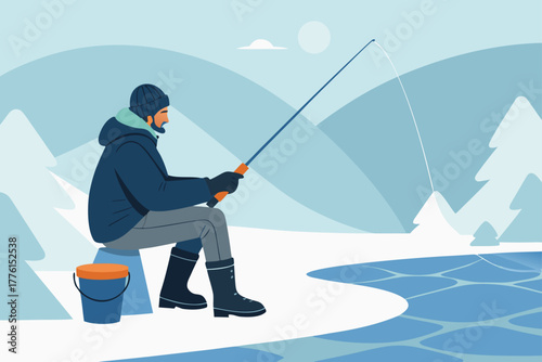 Man ice fishing on a frozen lake.