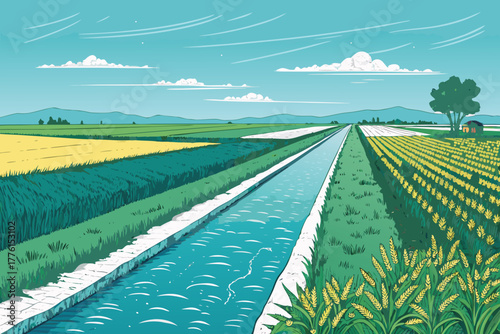Irrigation canal in a lush, colorful agricultural landscape.