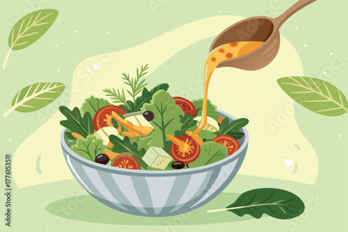 Flat shaded, bold illustration of salad dressing being mixed in a bowl.
