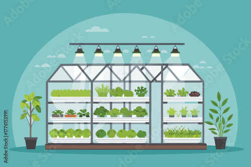 Modern greenhouse with hydroponic vegetables.