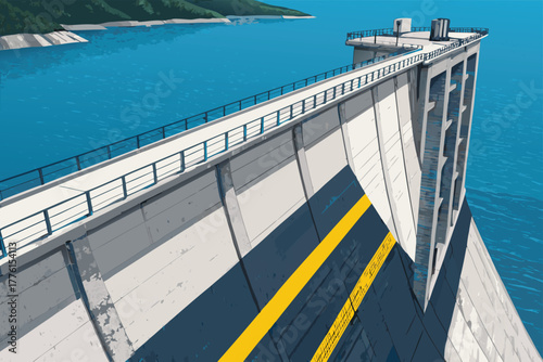 View from dam parapet ledge, flat, close perspective.