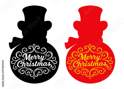 Logo snowman. Texto Merry Christmas con florituras en silueta de muñeco de nieve con sombrero y foulard para tarjetas y felicitaciones de Navidad 