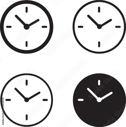 Isolated clock icon set, time watch timer clock symbols, editable black vector, solid black line outline filled minimal thin stroke, schedule reminder clock icons for time management buyers