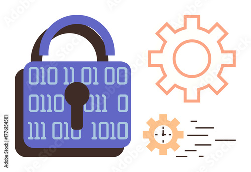 Lock with binary code, large and small gears, motion lines. Ideal for cybersecurity, data security, encryption, programming, system efficiency technology innovation. Simple flat metaphor