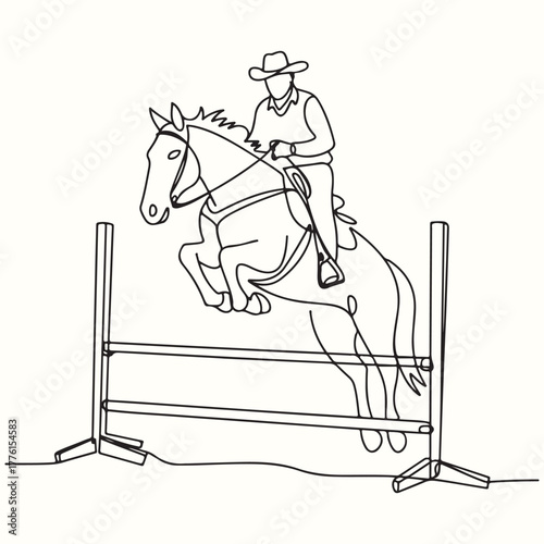 Continuous line drawing of a cowboy riding a horse performing an equestrian show jump, capturing grace and agility in a minimalist art style