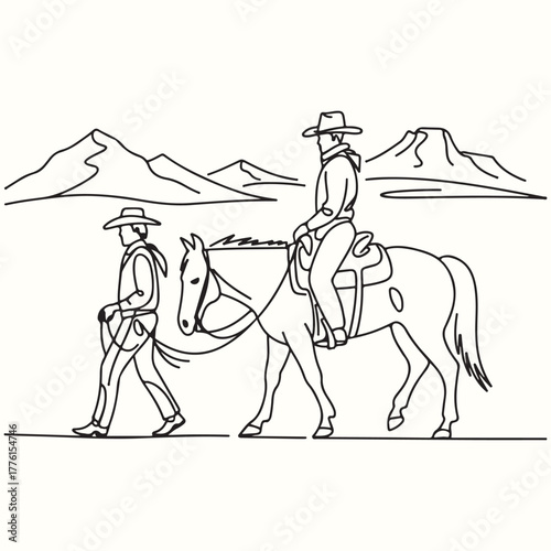 Two figures, one riding a horse and the other walking alongside, traverse a natural landscape under mountains