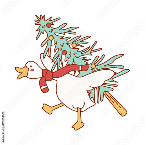 Funny goose with a scarf dragging a freshly cut Christmas tree, preparing for decoration. tree transport, holiday prep.
