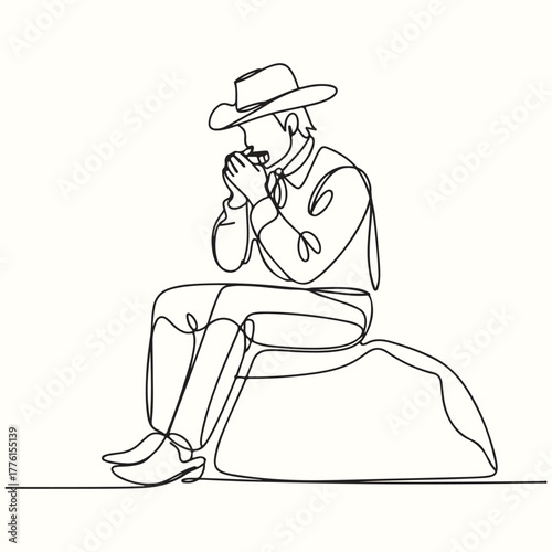 Continuous line drawing of a lone cowboy taking a break to eat a meal while sitting on a rock in a minimalist outdoor setting, showcasing rugged independence