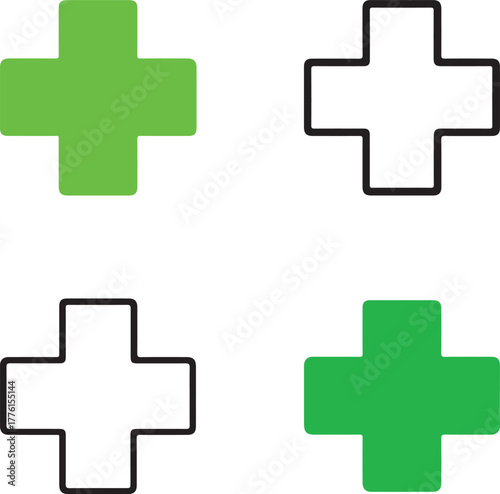 Isolated medical cross icon set, healthcare hospital medical symbols, editable black vector, solid black line outline filled minimal thin stroke, emergency aid medical icons for buyers