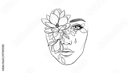 Line art illustration of a woman's face partially obscured by lotus flowers, with a single tear falling from her eye.