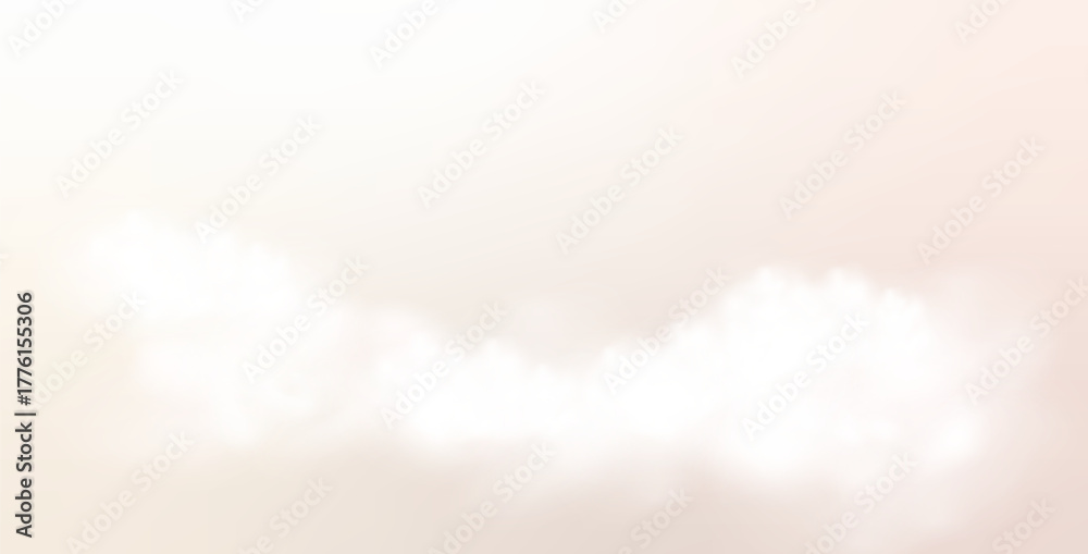 Naklejka premium Beige sky with white clouds. Sky creamy landscape background. Heaven fog air template. Summer heaven morning. Paradise sweet backdrop. Vector illustration.