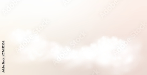 Beige sky with white clouds. Sky creamy landscape background. Heaven fog air template. Summer heaven morning. Paradise sweet backdrop. Vector illustration.