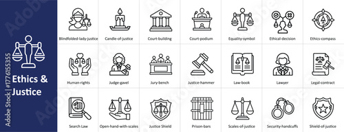 Ethics and justice vector icon set with law, morality, and legal system concepts