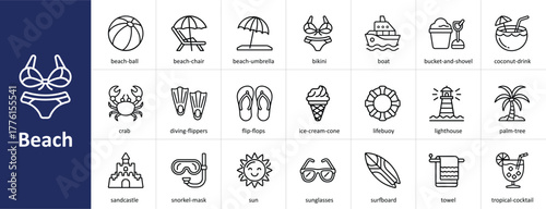 Beach Vector Icon Set with Summer Vacation and Holiday Symbols