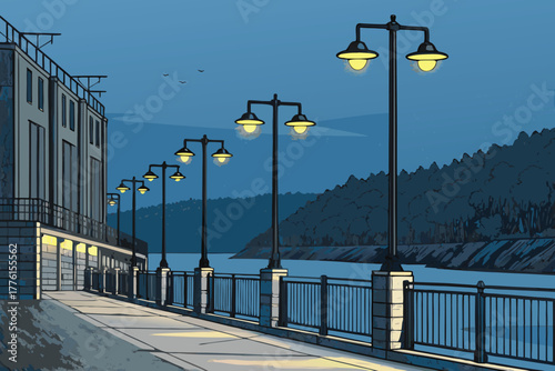 Overhead dam crest lighting poles, flat, bold, shaded.