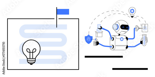 AI robot engaging in multitasking with tools, shield, and lab flask connected by automation icons. Lightbulb and pathway represent ideas, goals, and innovation. Ideal for technology, automation