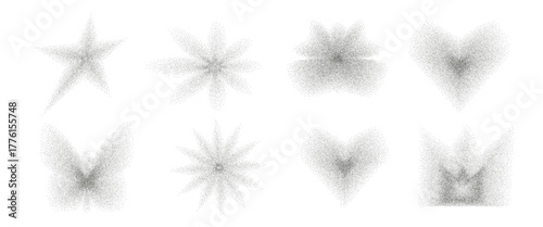 Grain y2k shapes. Dot noise gradient. star, butterfly, heart. Y2k retro stippling twinkle forms. Butterflies, daisy and crown spray icons isolated. Vector black grainy effect grunge shape illustration