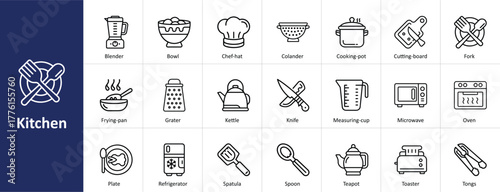 Kitchen Vector Outline Icons Set for Cooking Utensil, Appliance, and Equipment Symbols