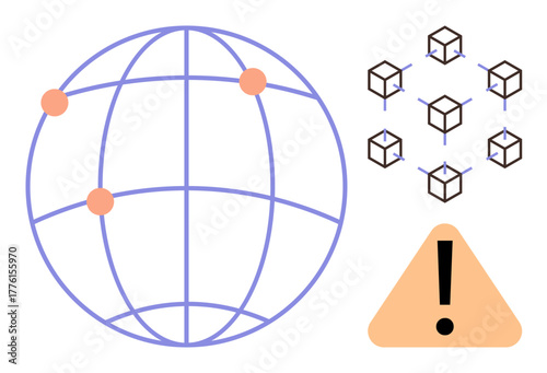 Globe with nodes, blockchain cubes connected by lines, and exclamation mark in a triangular warning sign. Ideal for blockchain, global networks, cybersecurity, risk management, warnings, technology